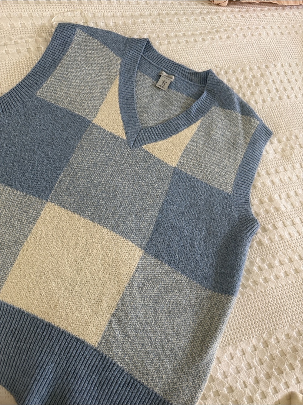 Women’s Blue and Cream Check V-Neck Sweater Vest